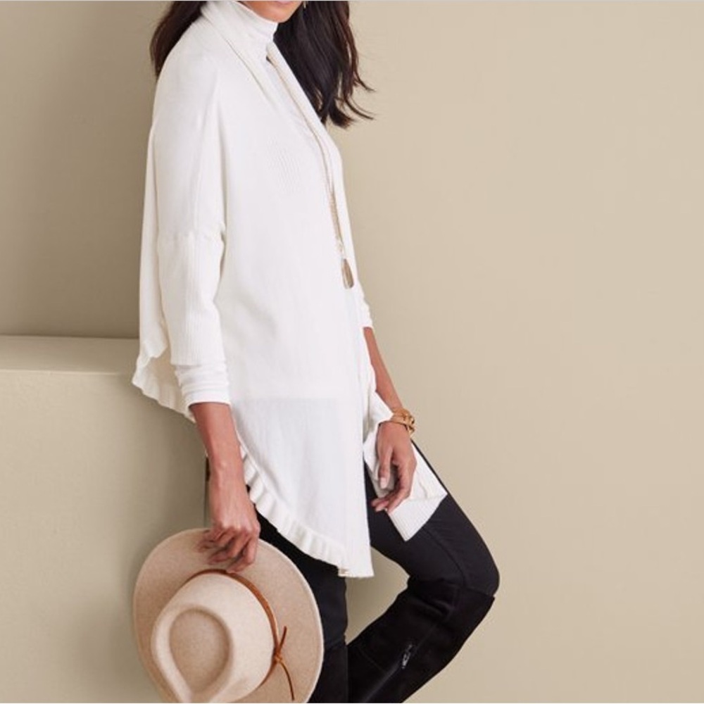 Soft Surroundings white elegant ruffled cardigan S/M soft knit smart